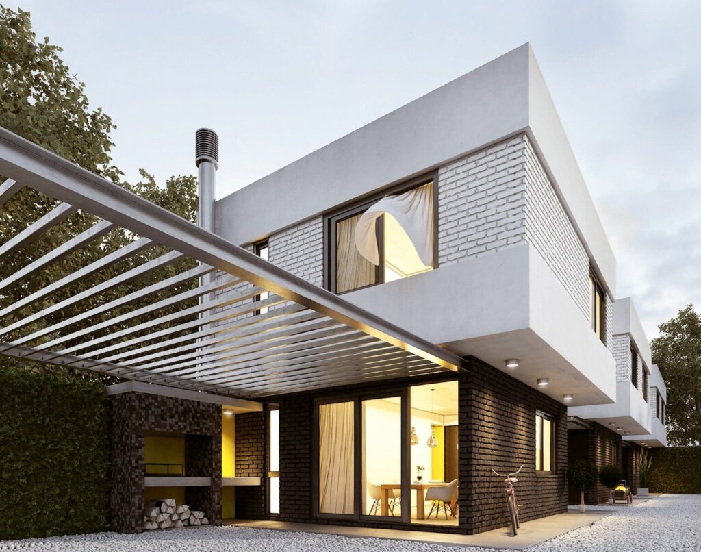 a modern house with a pergolated roof